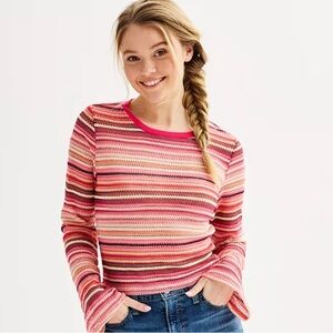Almost Famous Pink & Red Striped Long Sleeve Shirt Light Sweater Size Large